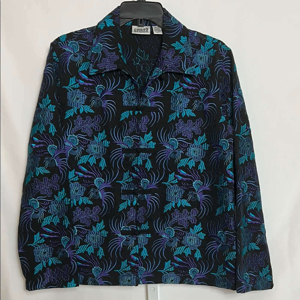 Chico’s Size M Black Blue Green Floral Birds Silk Blend Embroidered Jacket Top